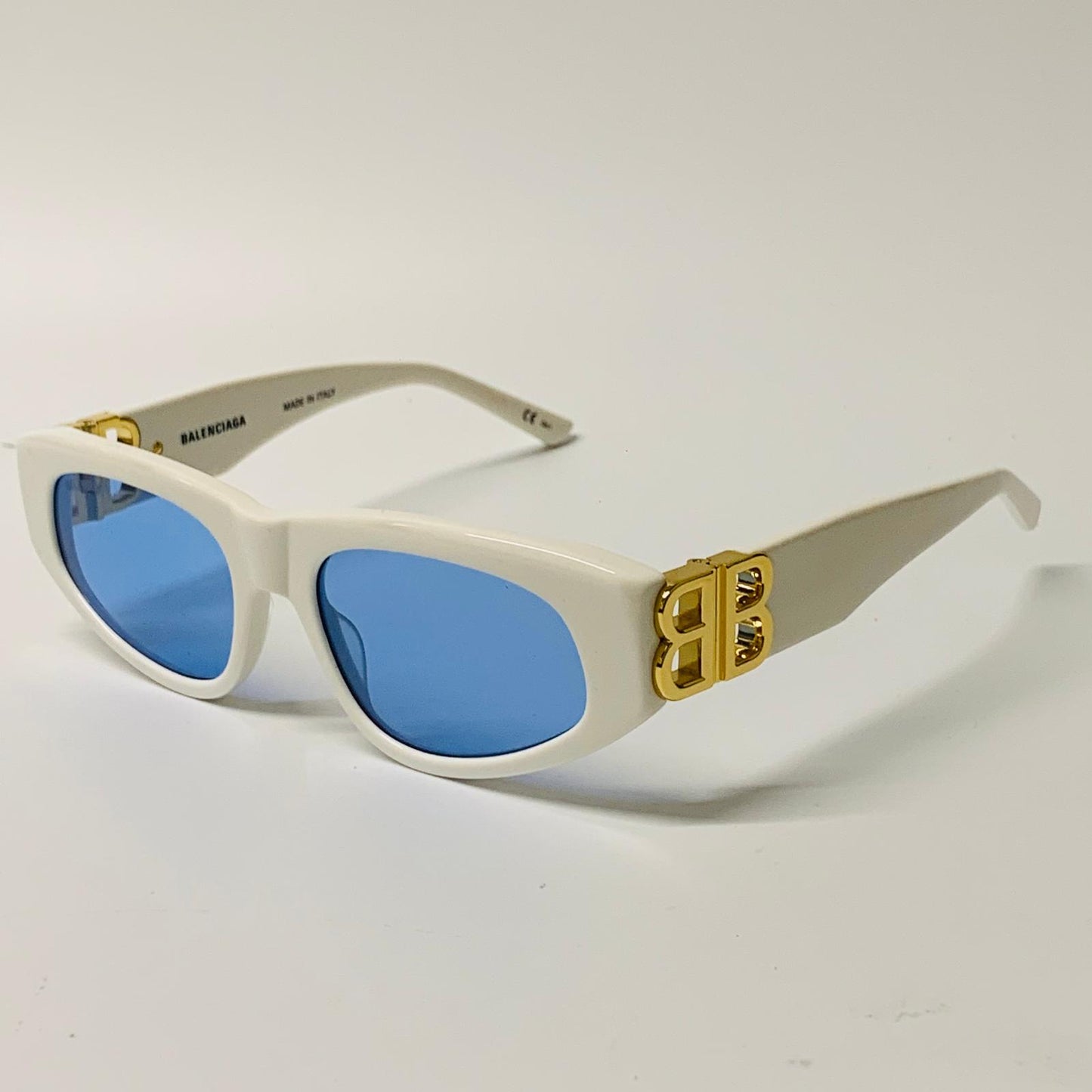 BALENCIAGA Gold Ladies  Cat Eye Sunglasses White Blue Lens Gold Logo NEW