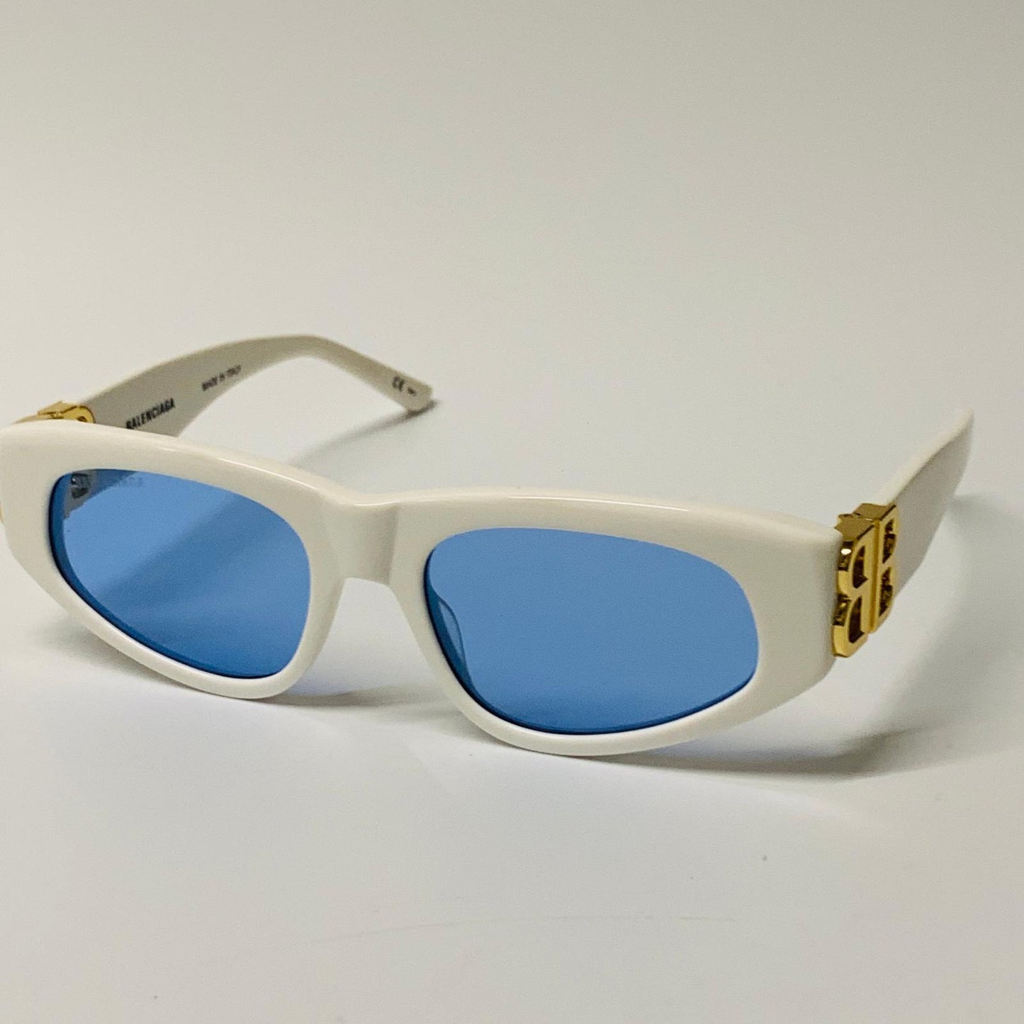 BALENCIAGA Gold Ladies  Cat Eye Sunglasses White Blue Lens Gold Logo NEW