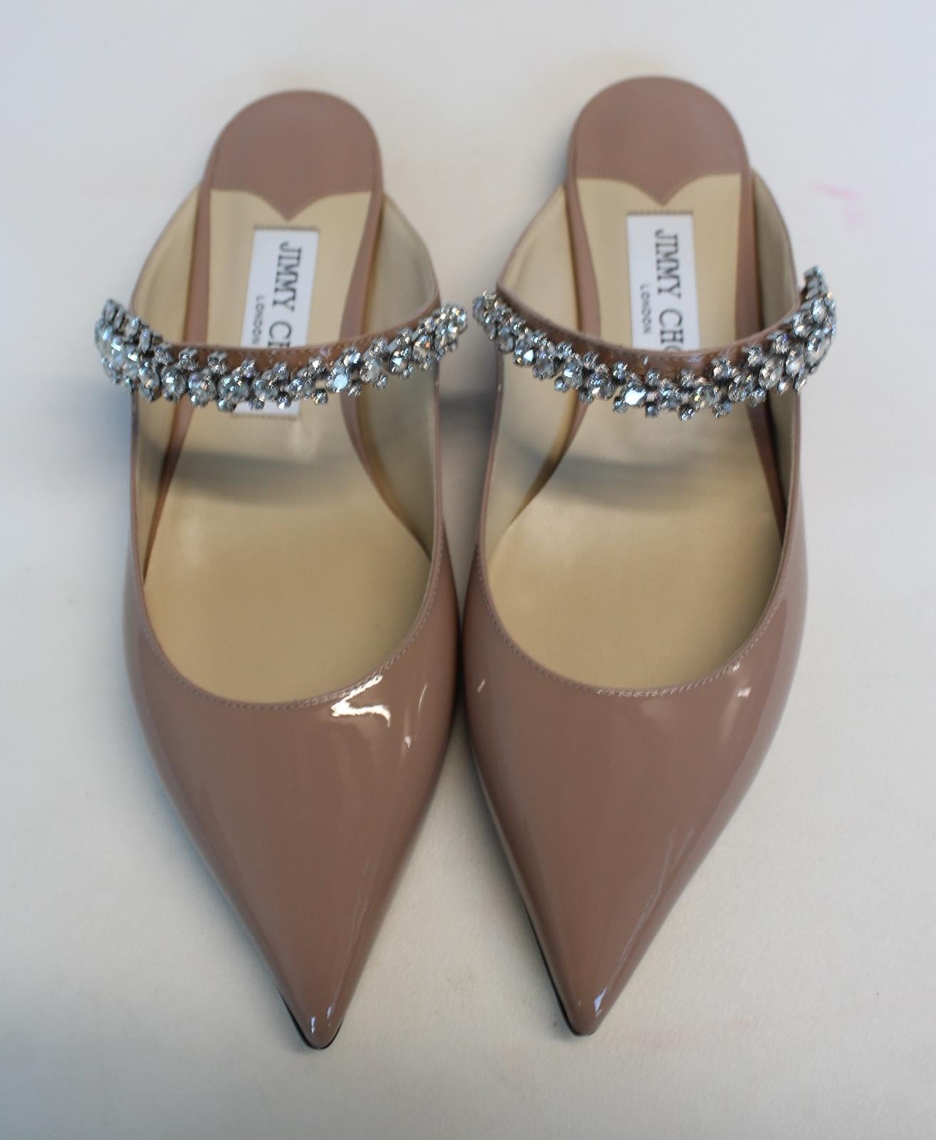 JIMMY CHOO Ladies Bing Flat Pink Patent Leather Crystal Mules EU36.5 UK3.5 NEW