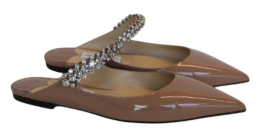 JIMMY CHOO Ladies Bing Flat Pink Patent Leather Crystal Mules EU38.5 UK5.5 NEW