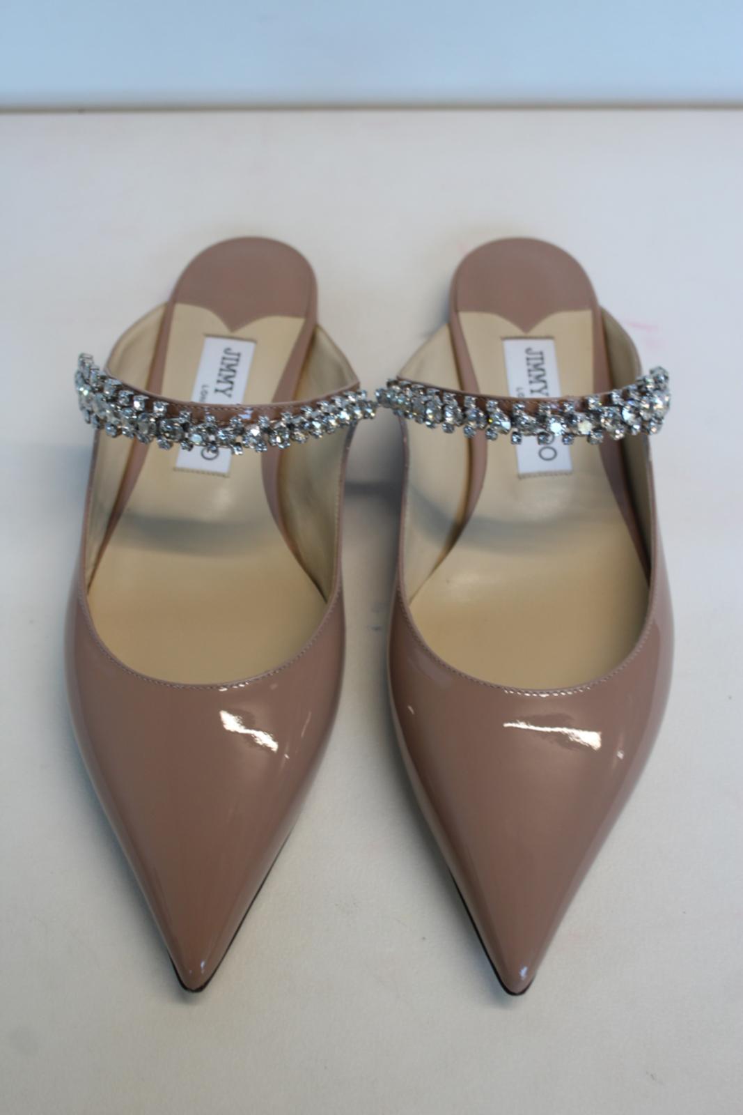JIMMY CHOO Ladies Bing Flat Pink Patent Leather Crystal Mules EU38.5 UK5.5 NEW