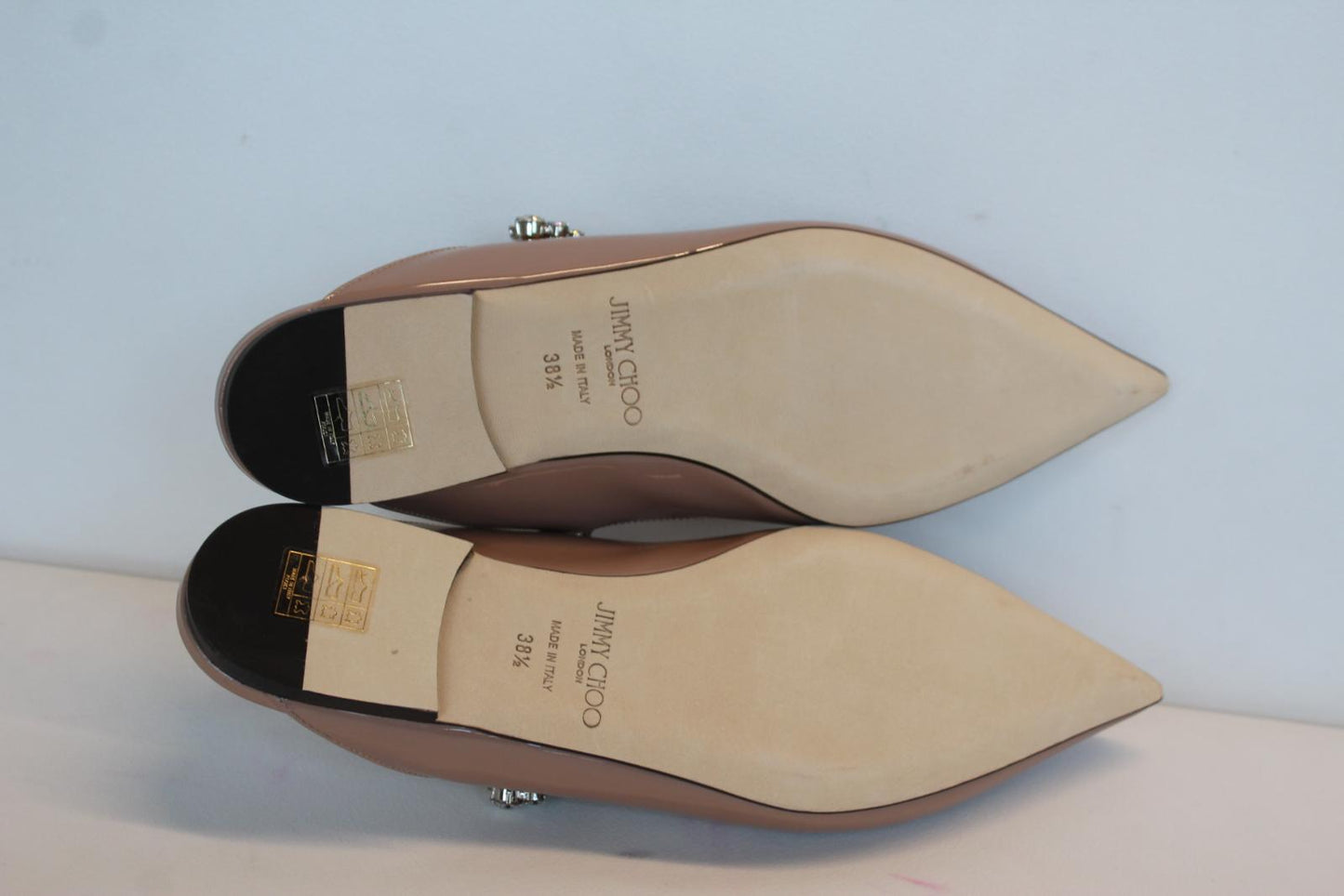 JIMMY CHOO Ladies Bing Flat Pink Patent Leather Crystal Mules EU38.5 UK5.5 NEW