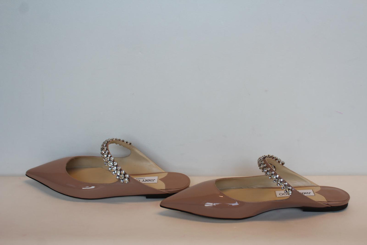 JIMMY CHOO Ladies Bing Flat Pink Patent Leather Crystal Mules EU38.5 UK5.5 NEW