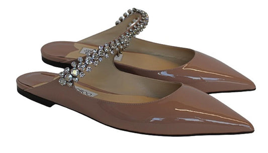 JIMMY CHOO Ladies Bing Flat Pink Patent Leather Crystal Mules EU39 UK6 NEW