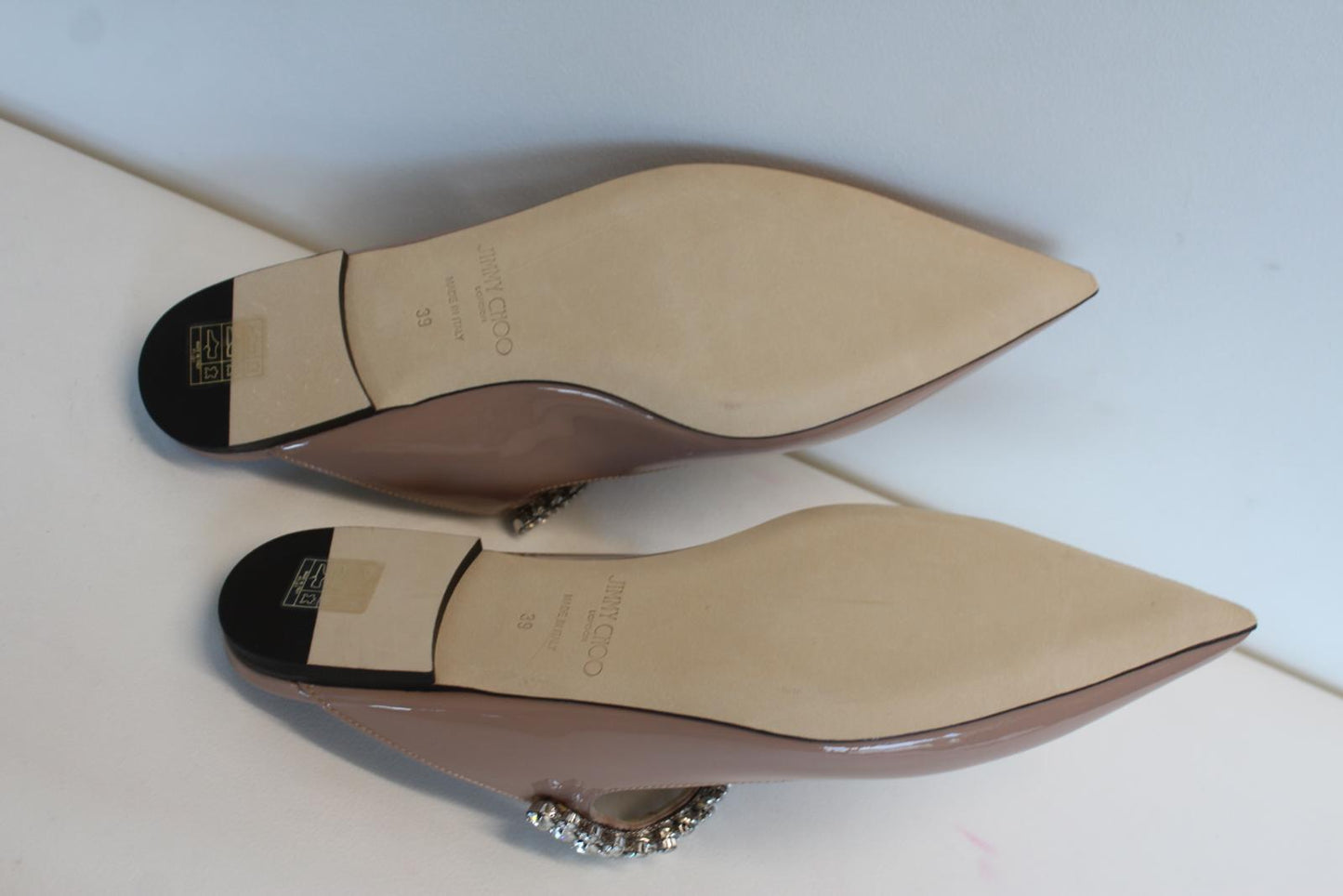 JIMMY CHOO Ladies Bing Flat Pink Patent Leather Crystal Mules EU39 UK6 NEW