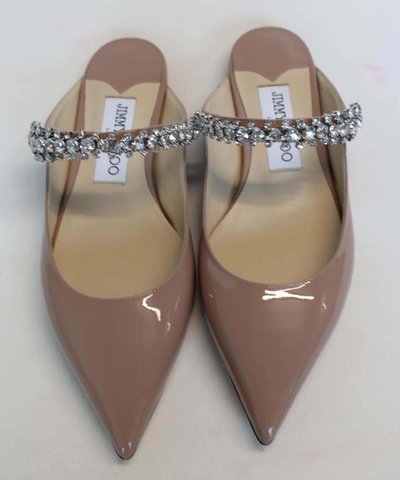 JIMMY CHOO Ladies Bing Flat Pink Patent Leather Crystal Mules EU35 UK2 NEW