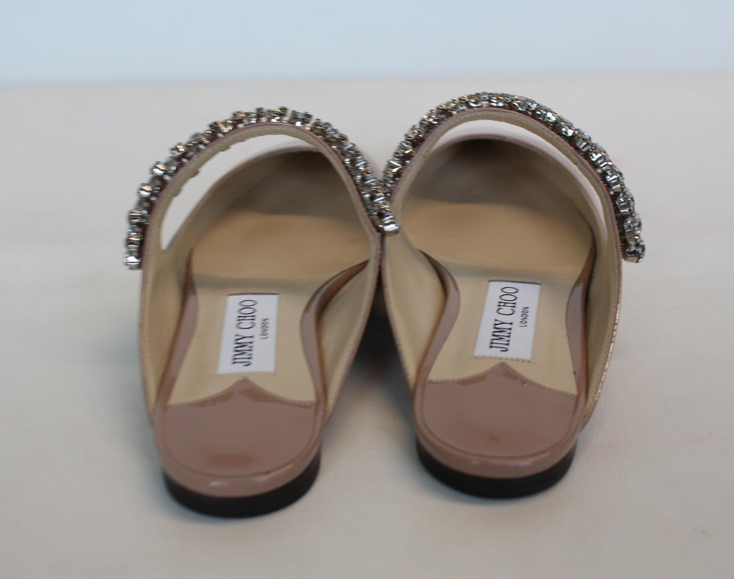 JIMMY CHOO Ladies Bing Flat Pink Patent Leather Crystal Mules EU35 UK2 NEW