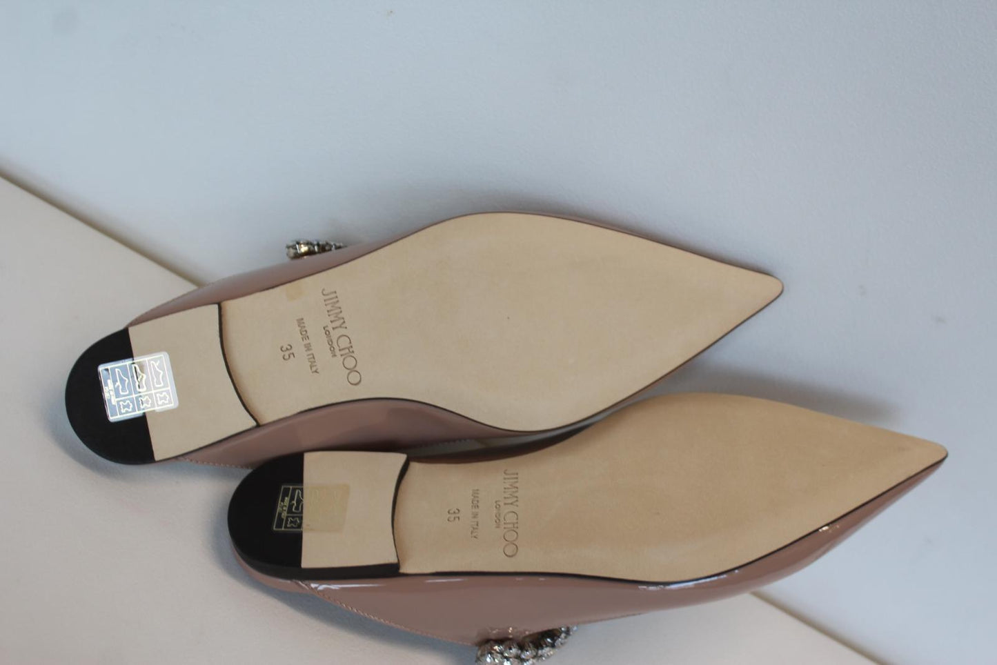 JIMMY CHOO Ladies Bing Flat Pink Patent Leather Crystal Mules EU35 UK2 NEW