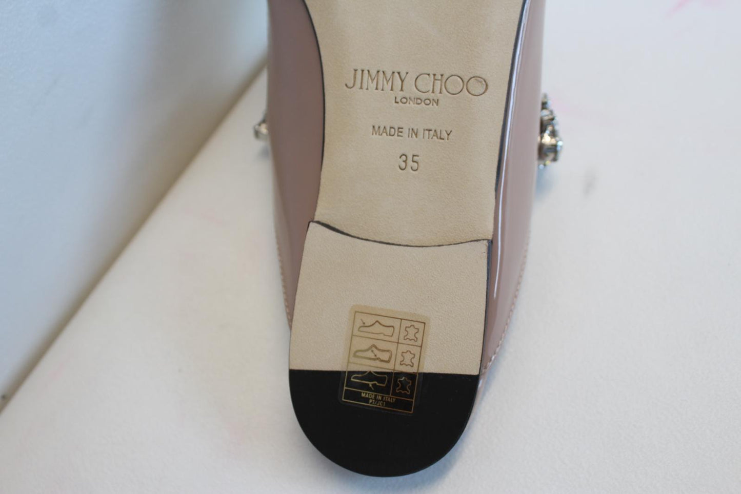 JIMMY CHOO Ladies Bing Flat Pink Patent Leather Crystal Mules EU35 UK2 NEW