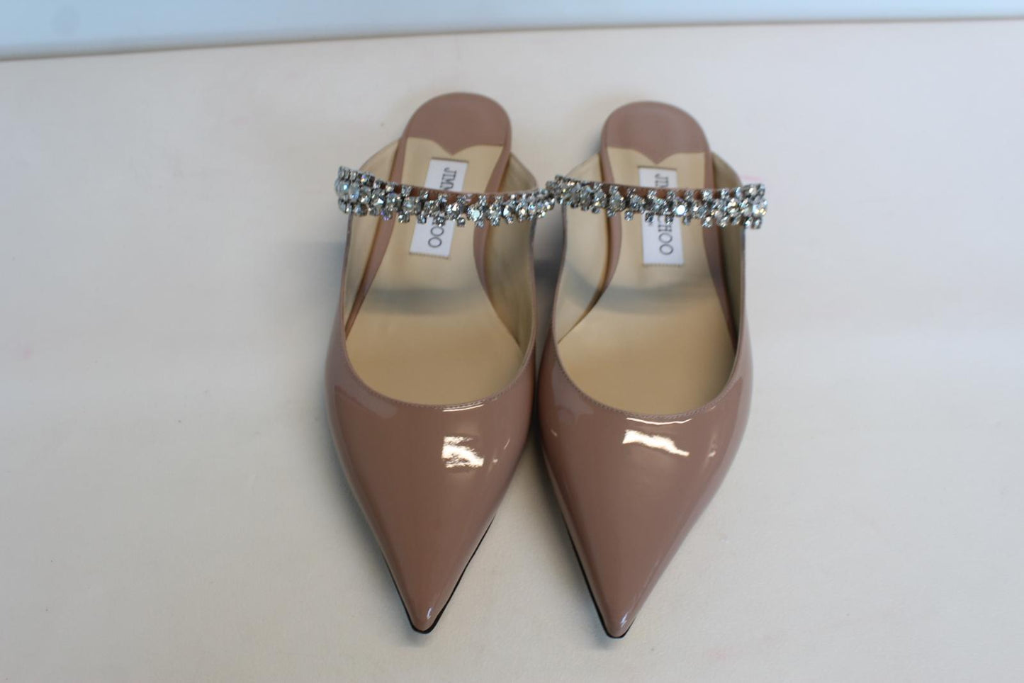 JIMMY CHOO Ladies Bing Flat Pink Patent Leather Crystal Mules EU38 UK5 NEW