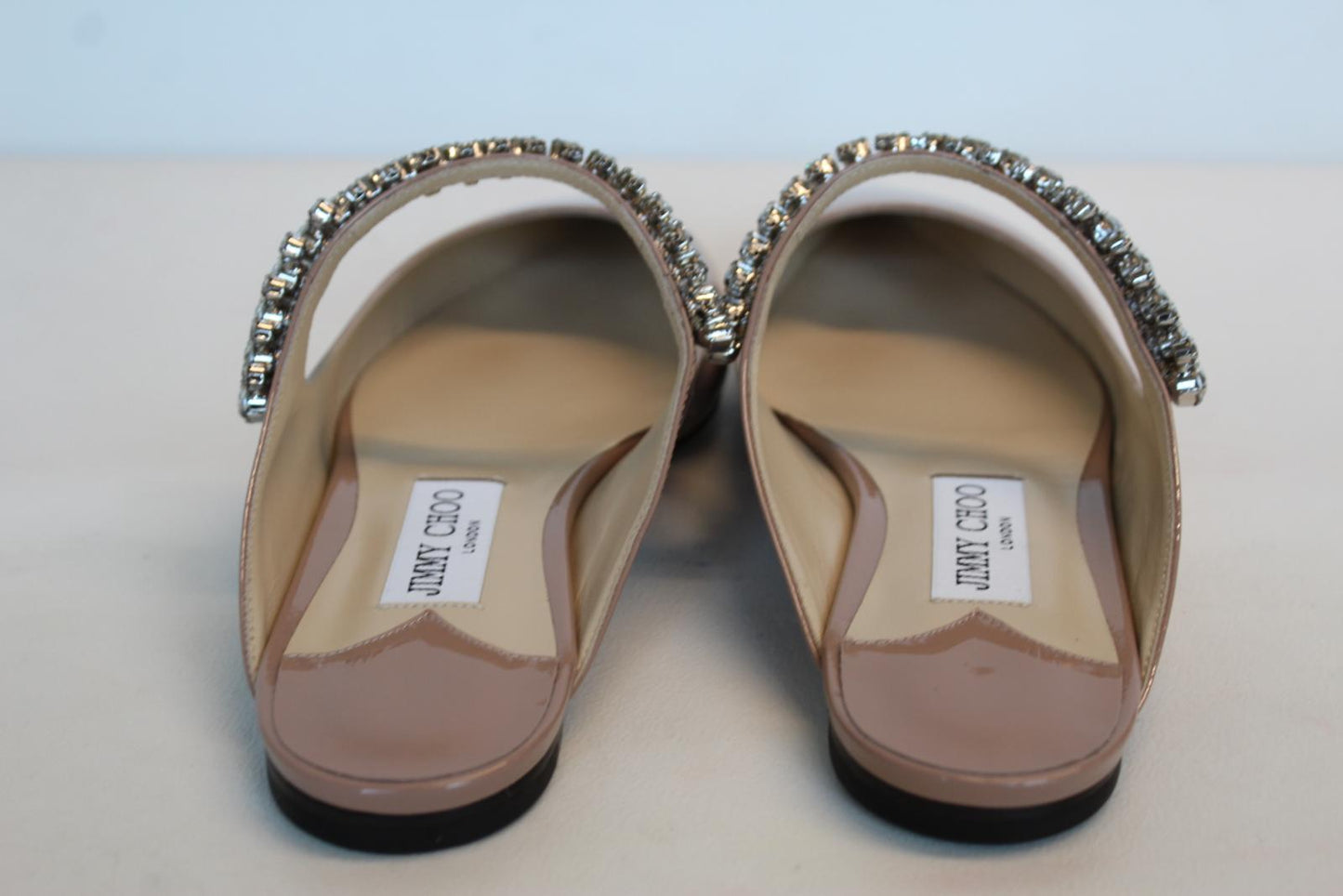 JIMMY CHOO Ladies Bing Flat Pink Patent Leather Crystal Mules EU38 UK5 NEW