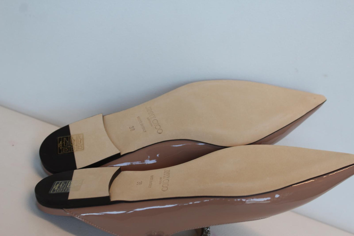 JIMMY CHOO Ladies Bing Flat Pink Patent Leather Crystal Mules EU38 UK5 NEW