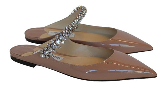 JIMMY CHOO Ladies Bing Flat Pink Patent Leather Crystal Mules EU37 UK4 NEW
