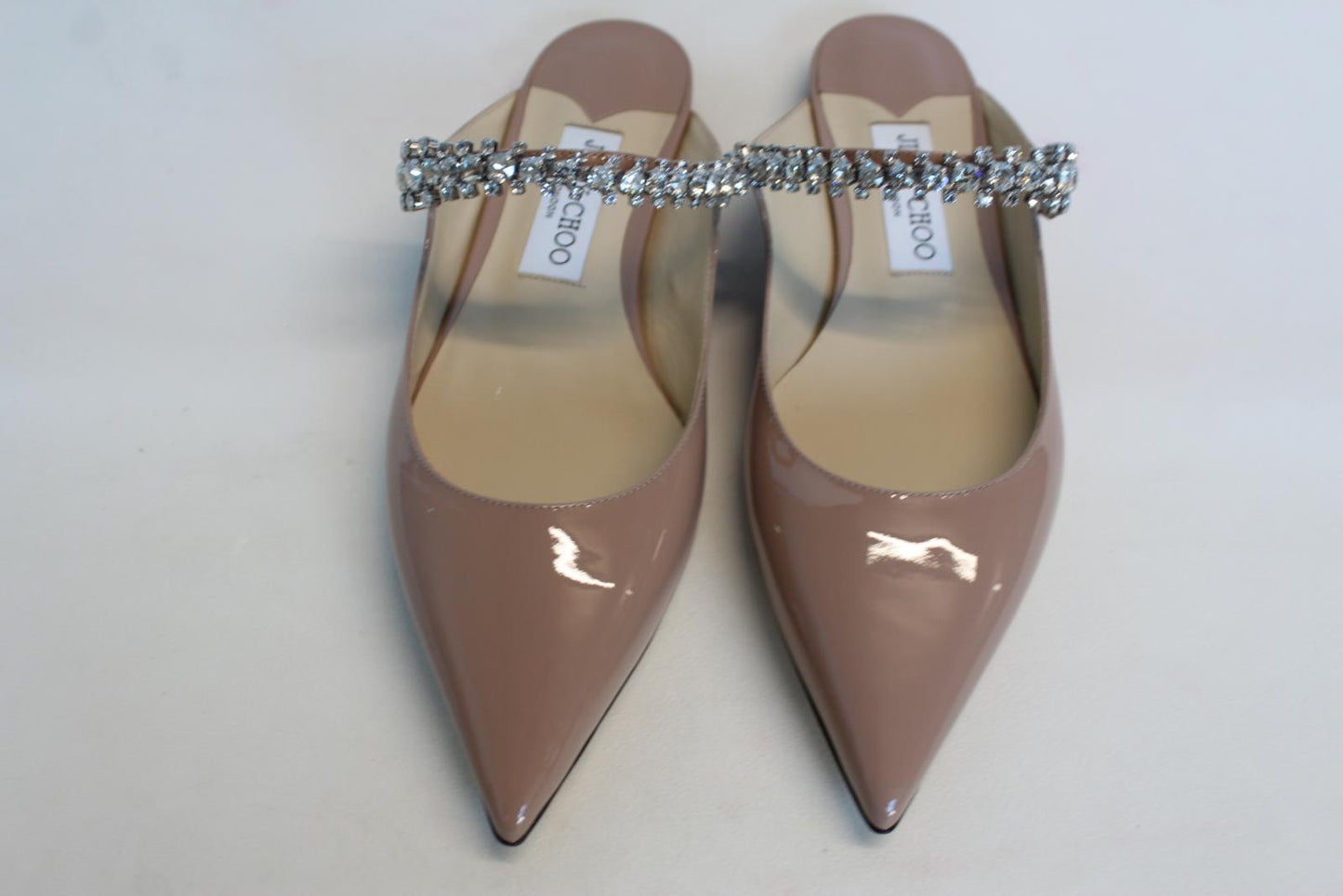 JIMMY CHOO Ladies Bing Flat Pink Patent Leather Crystal Mules EU37 UK4 NEW