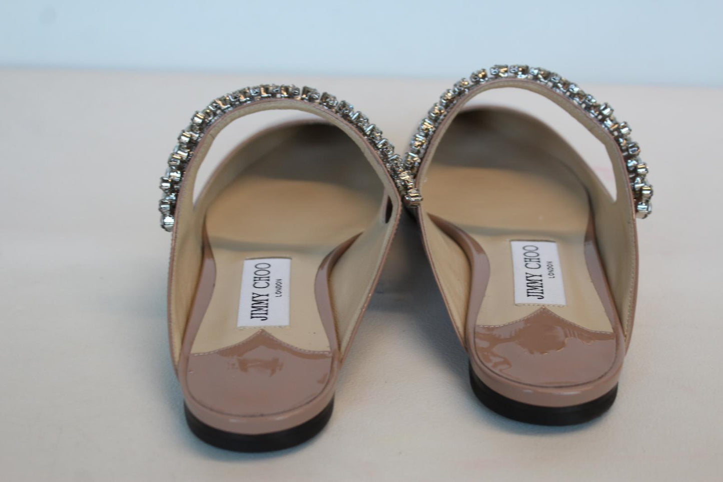 JIMMY CHOO Ladies Bing Flat Pink Patent Leather Crystal Mules EU37 UK4 NEW