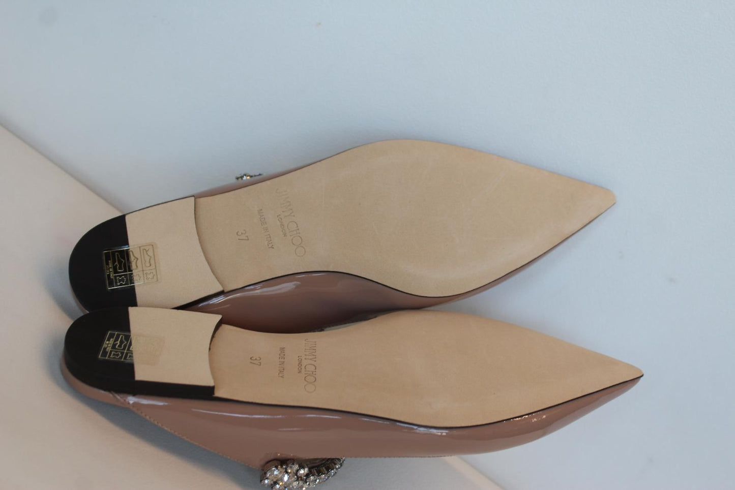 JIMMY CHOO Ladies Bing Flat Pink Patent Leather Crystal Mules EU37 UK4 NEW