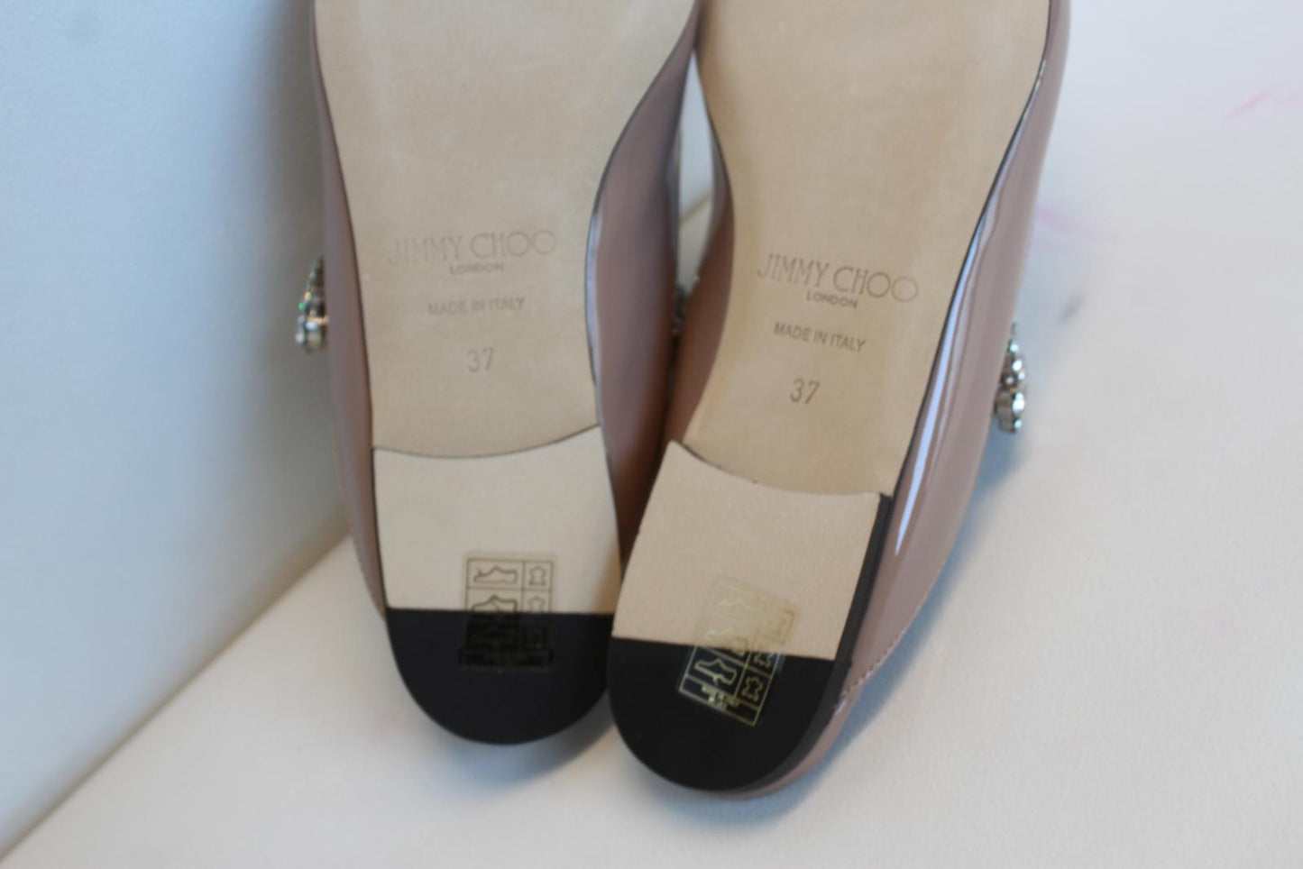 JIMMY CHOO Ladies Bing Flat Pink Patent Leather Crystal Mules EU37 UK4 NEW