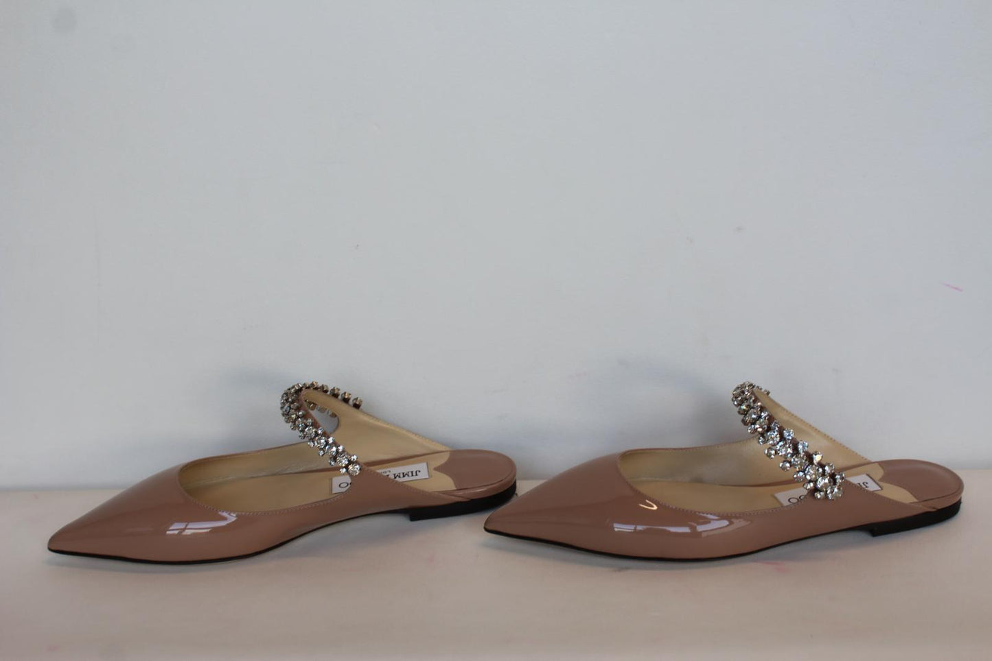JIMMY CHOO Ladies Bing Flat Pink Patent Leather Crystal Mules EU36 UK3 NEW