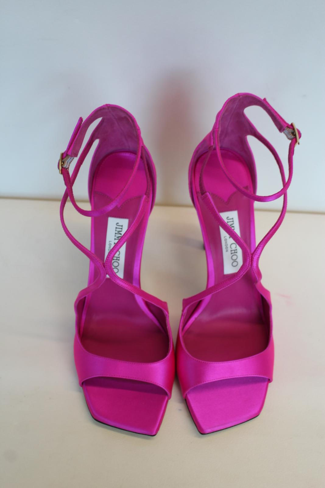 JIMMY CHOO Ladies Azia 110 Satin Strappy Sandals Fuchsia Pink EU40.5 UK7.5 NEW