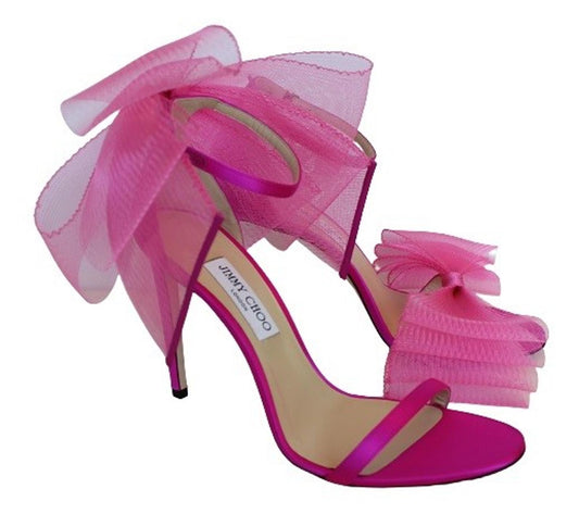 JIMMY CHOO Ladies Aveline 100 Bow Satin Sandals Fuchsia Pink EU43 UK10 NEW