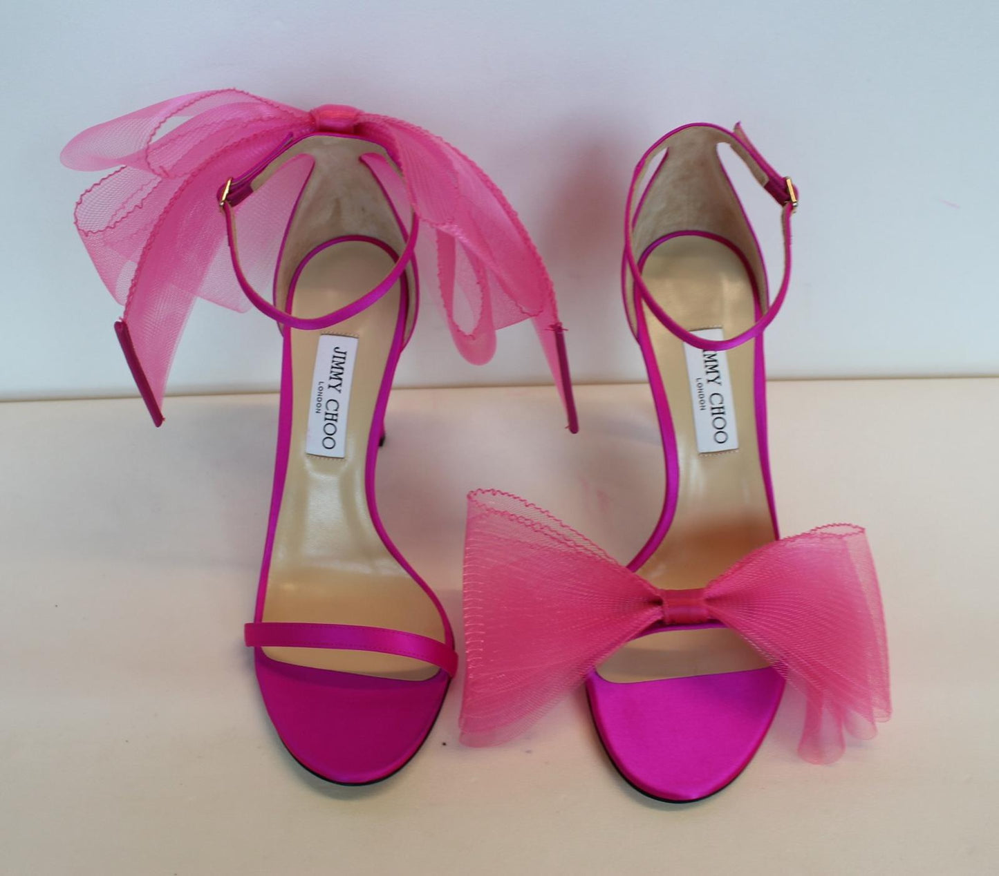 JIMMY CHOO Ladies Aveline 100 Bow Satin Sandals Fuchsia Pink EU43 UK10 NEW