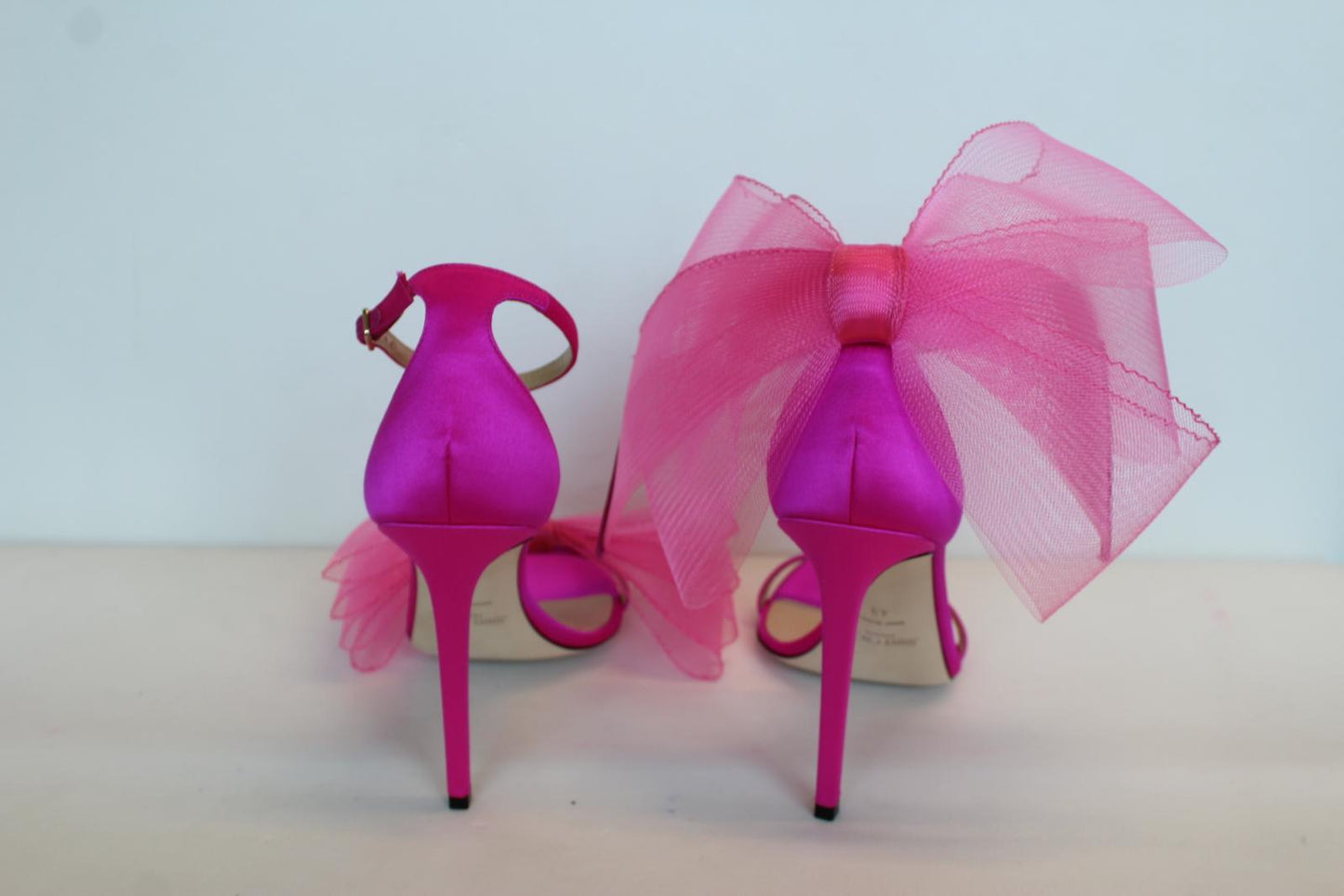 JIMMY CHOO Ladies Aveline 100 Bow Satin Sandals Fuchsia Pink EU43 UK10 NEW