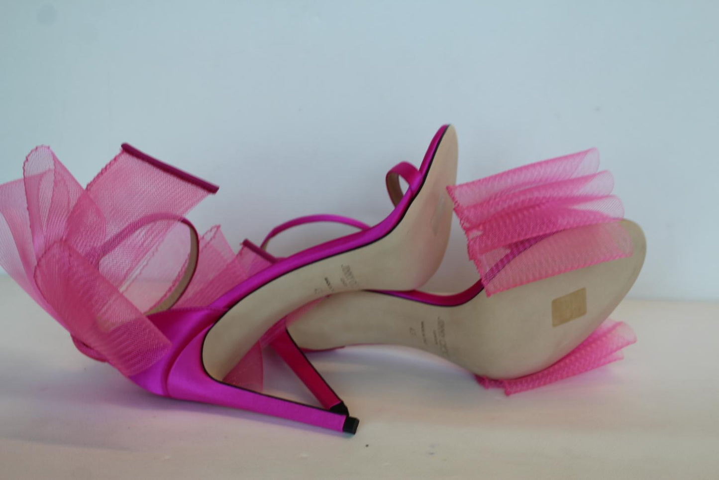 JIMMY CHOO Ladies Aveline 100 Bow Satin Sandals Fuchsia Pink EU43 UK10 NEW