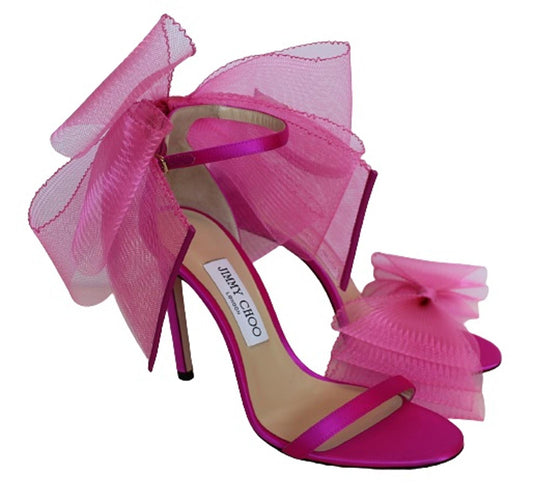 JIMMY CHOO Ladies Aveline 100 Bow Satin Sandals Fuchsia Pink EU38.5 UK5.5 NEW
