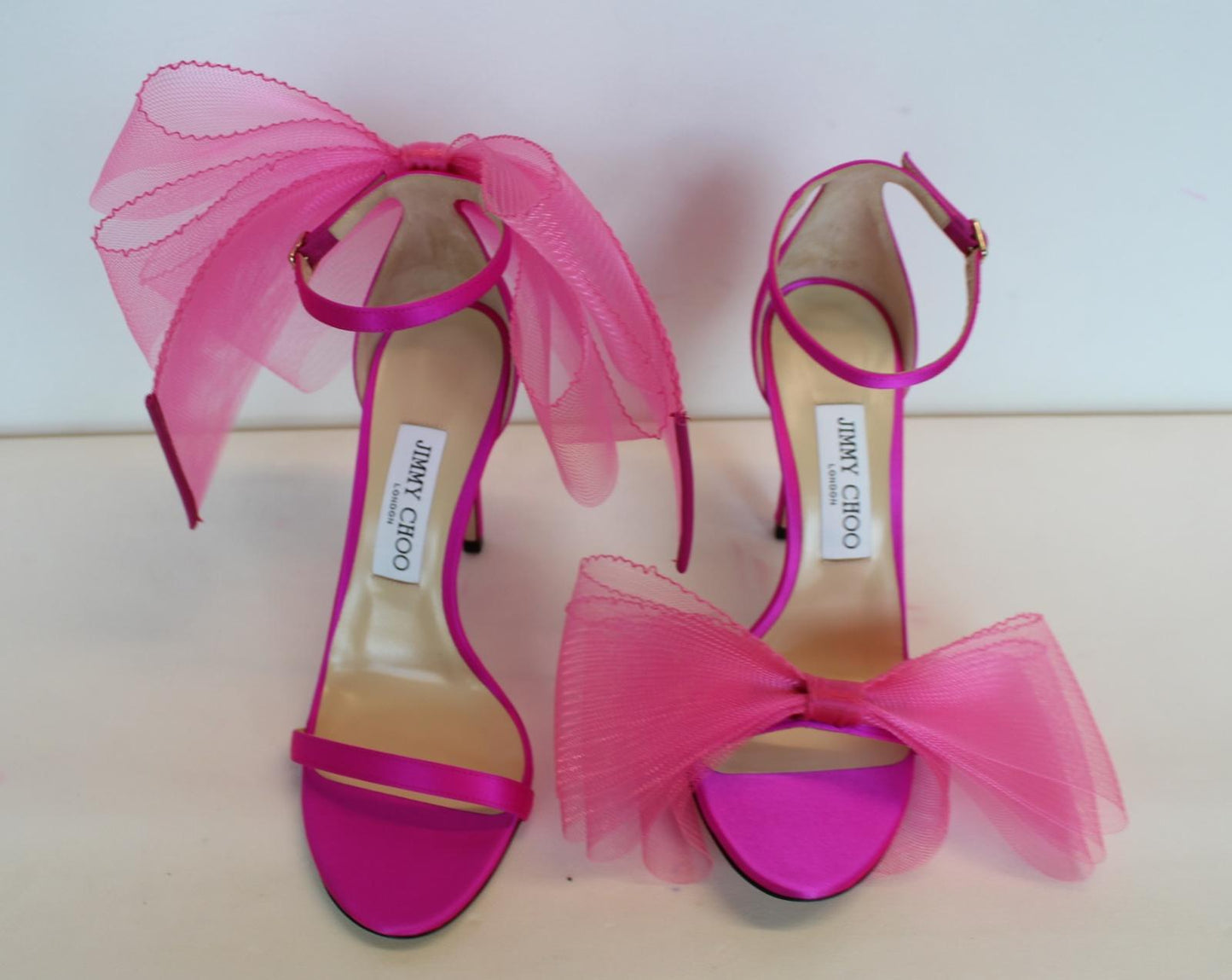 JIMMY CHOO Ladies Aveline 100 Bow Satin Sandals Fuchsia Pink EU38.5 UK5.5 NEW