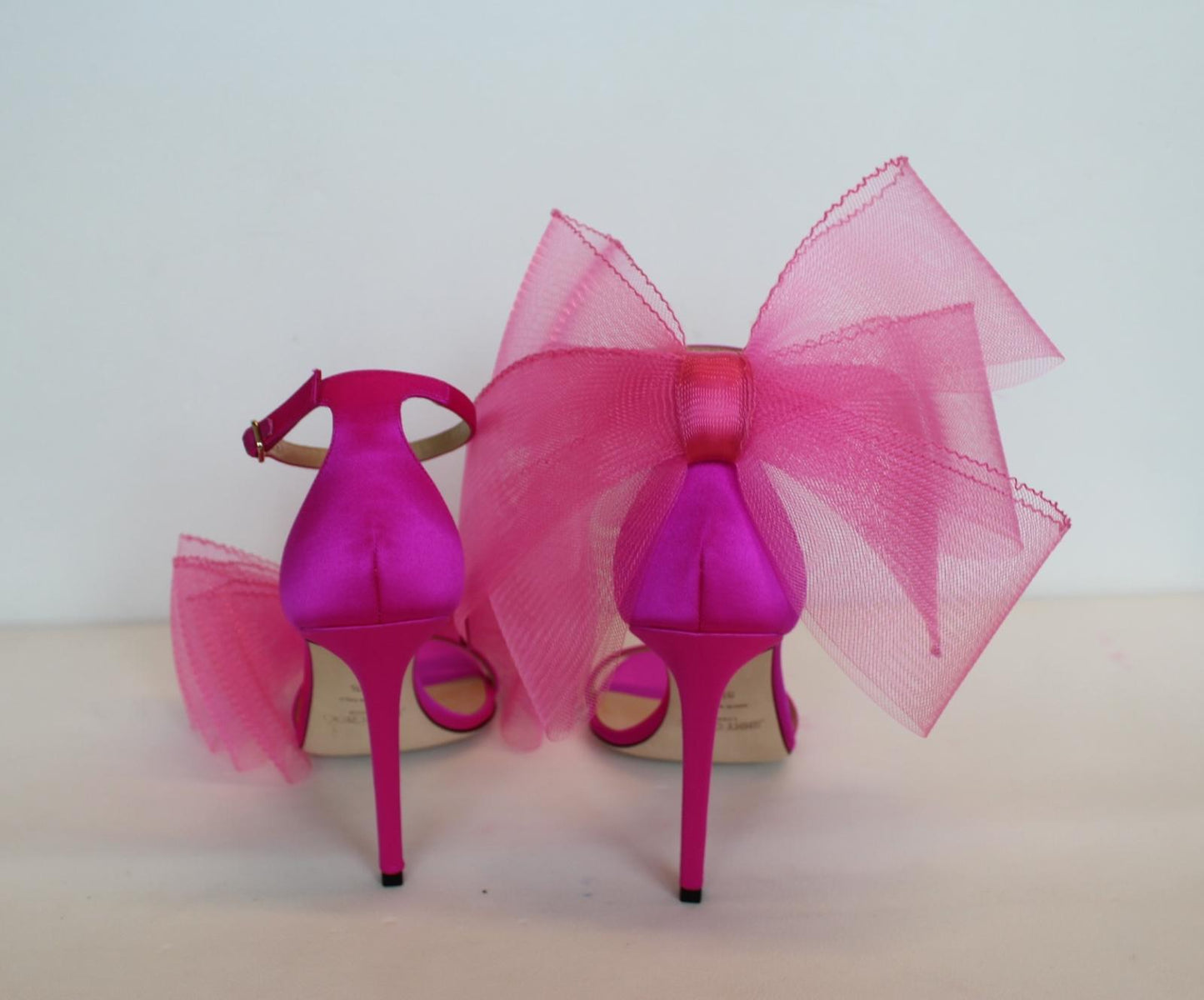 JIMMY CHOO Ladies Aveline 100 Bow Satin Sandals Fuchsia Pink EU38.5 UK5.5 NEW