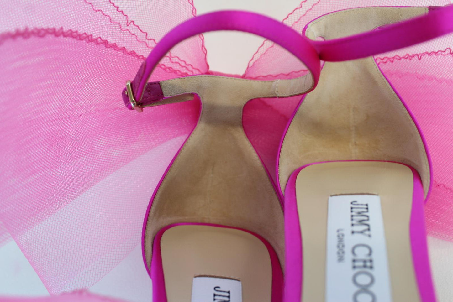 JIMMY CHOO Ladies Aveline 100 Bow Satin Sandals Fuchsia Pink EU38.5 UK5.5 NEW