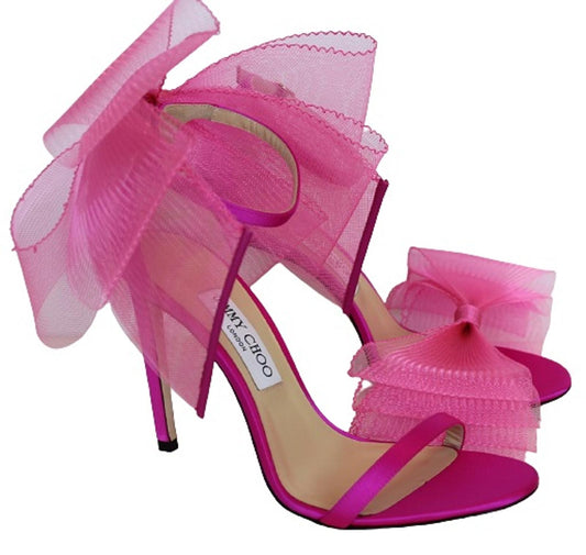 JIMMY CHOO Ladies Aveline 100 Bow Satin Sandals Fuchsia Pink EU39.5 UK6.5 NEW
