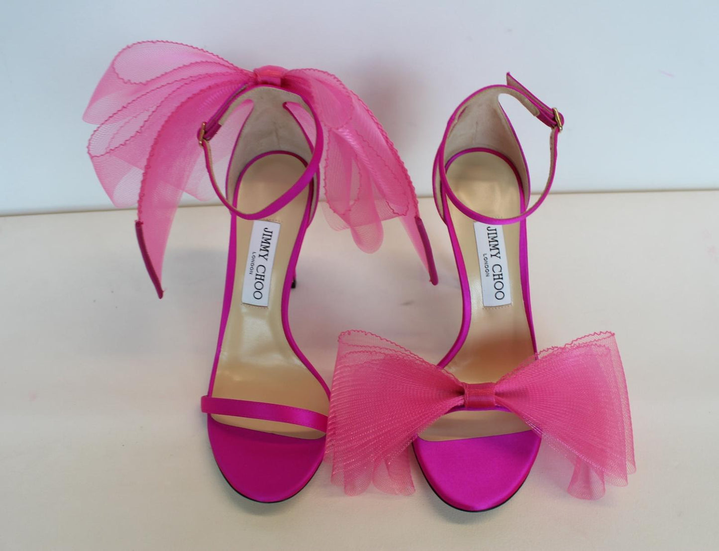 JIMMY CHOO Ladies Aveline 100 Bow Satin Sandals Fuchsia Pink EU39.5 UK6.5 NEW