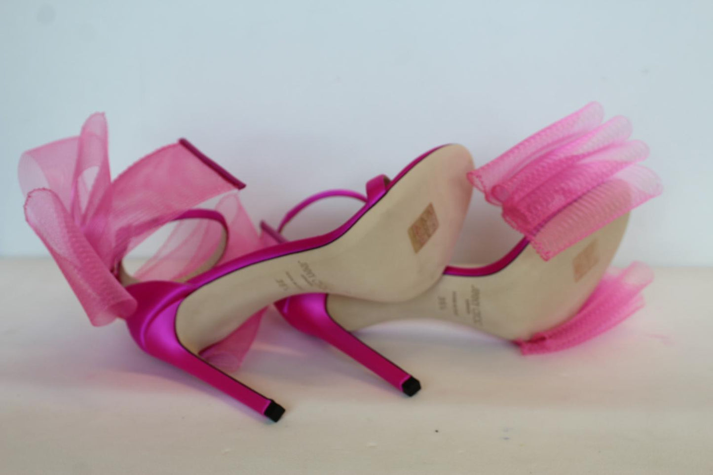 JIMMY CHOO Ladies Aveline 100 Bow Satin Sandals Fuchsia Pink EU39.5 UK6.5 NEW
