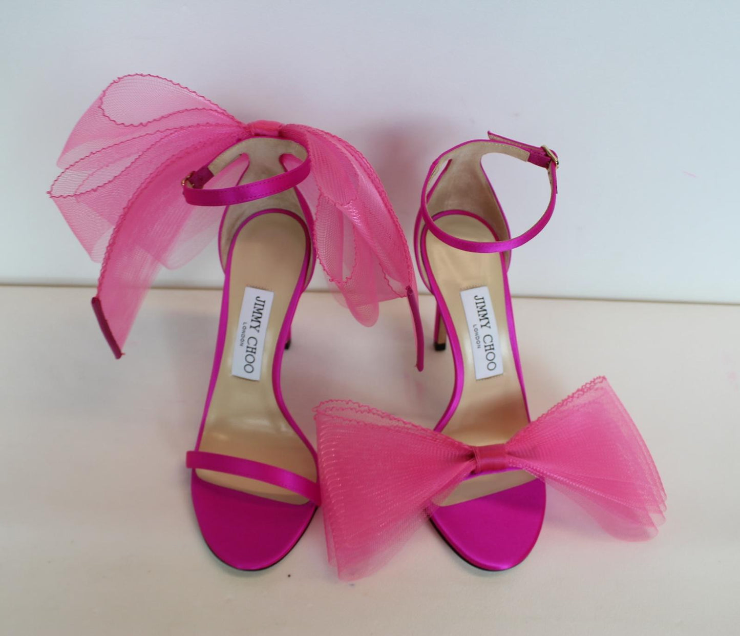 JIMMY CHOO Ladies Aveline 100 Bow Satin Sandals Fuchsia Pink EU37 UK4 NEW