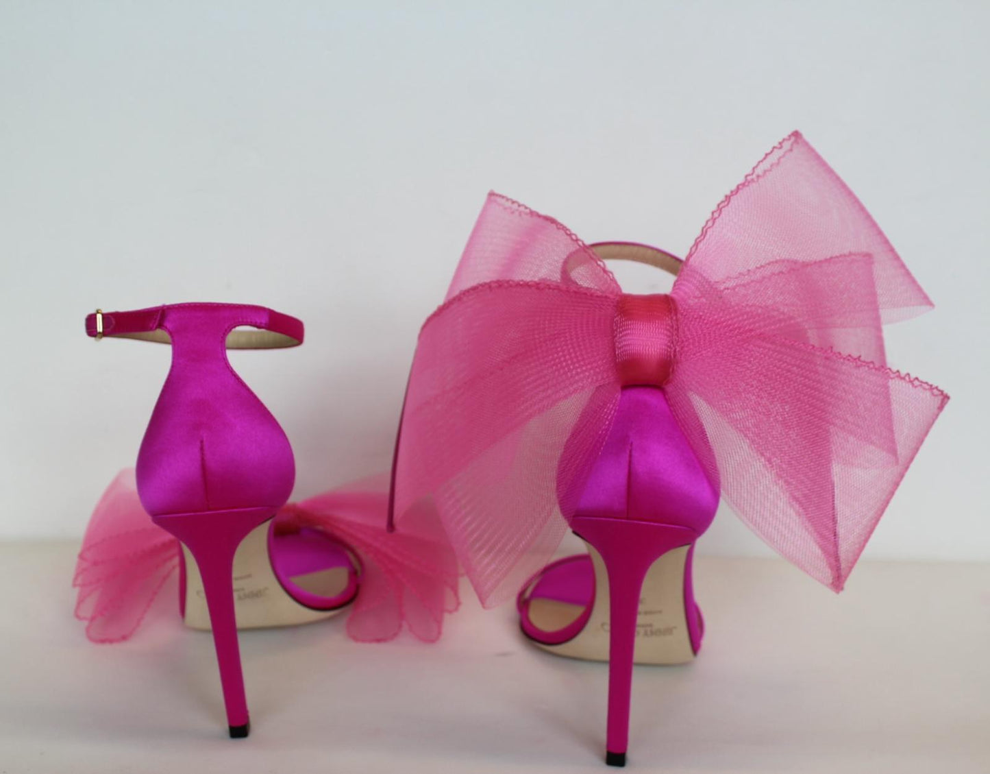 JIMMY CHOO Ladies Aveline 100 Bow Satin Sandals Fuchsia Pink EU37 UK4 NEW