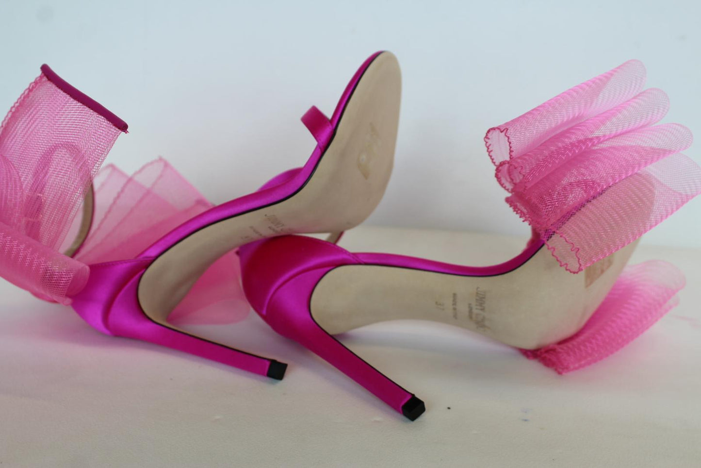 JIMMY CHOO Ladies Aveline 100 Bow Satin Sandals Fuchsia Pink EU37 UK4 NEW