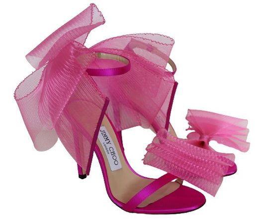 JIMMY CHOO Ladies Aveline 100 Bow Satin Sandals Fuchsia Pink EU35 UK2 NEW