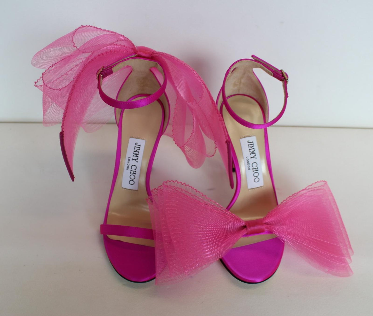 JIMMY CHOO Ladies Aveline 100 Bow Satin Sandals Fuchsia Pink EU35 UK2 NEW