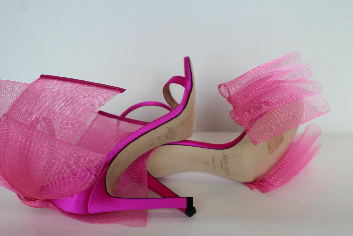 JIMMY CHOO Ladies Aveline 100 Bow Satin Sandals Fuchsia Pink EU35 UK2 NEW
