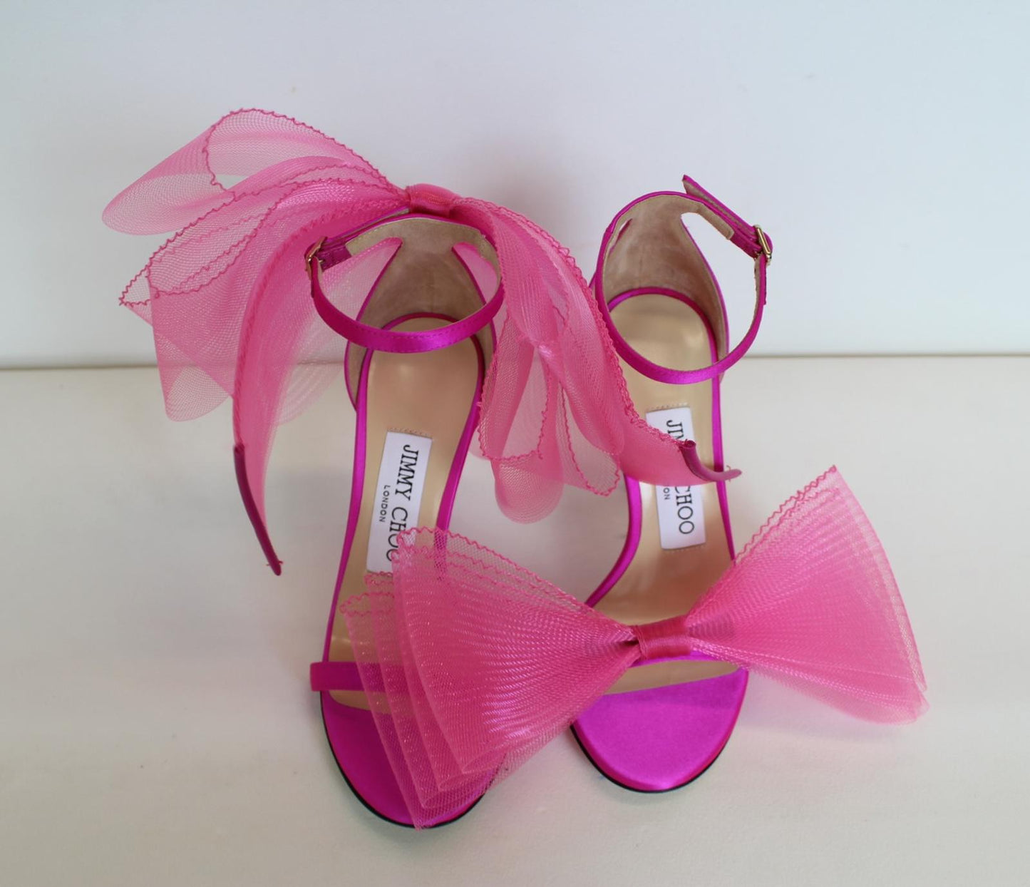 JIMMY CHOO Ladies Aveline 100 Bow Satin Sandals Fuchsia Pink EU34 UK1 NEW