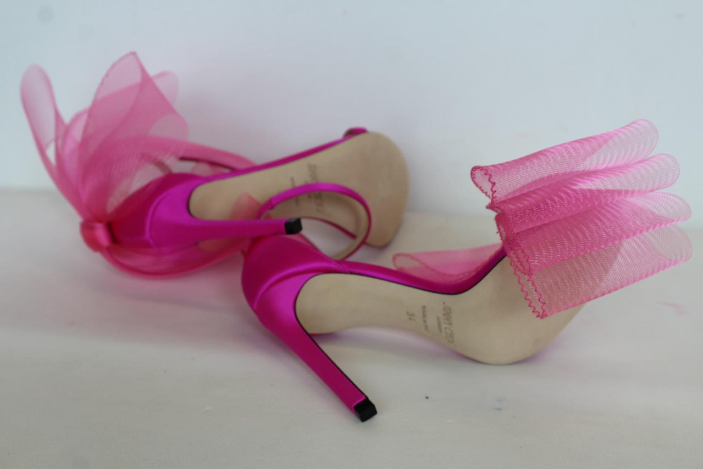JIMMY CHOO Ladies Aveline 100 Bow Satin Sandals Fuchsia Pink EU34 UK1 NEW