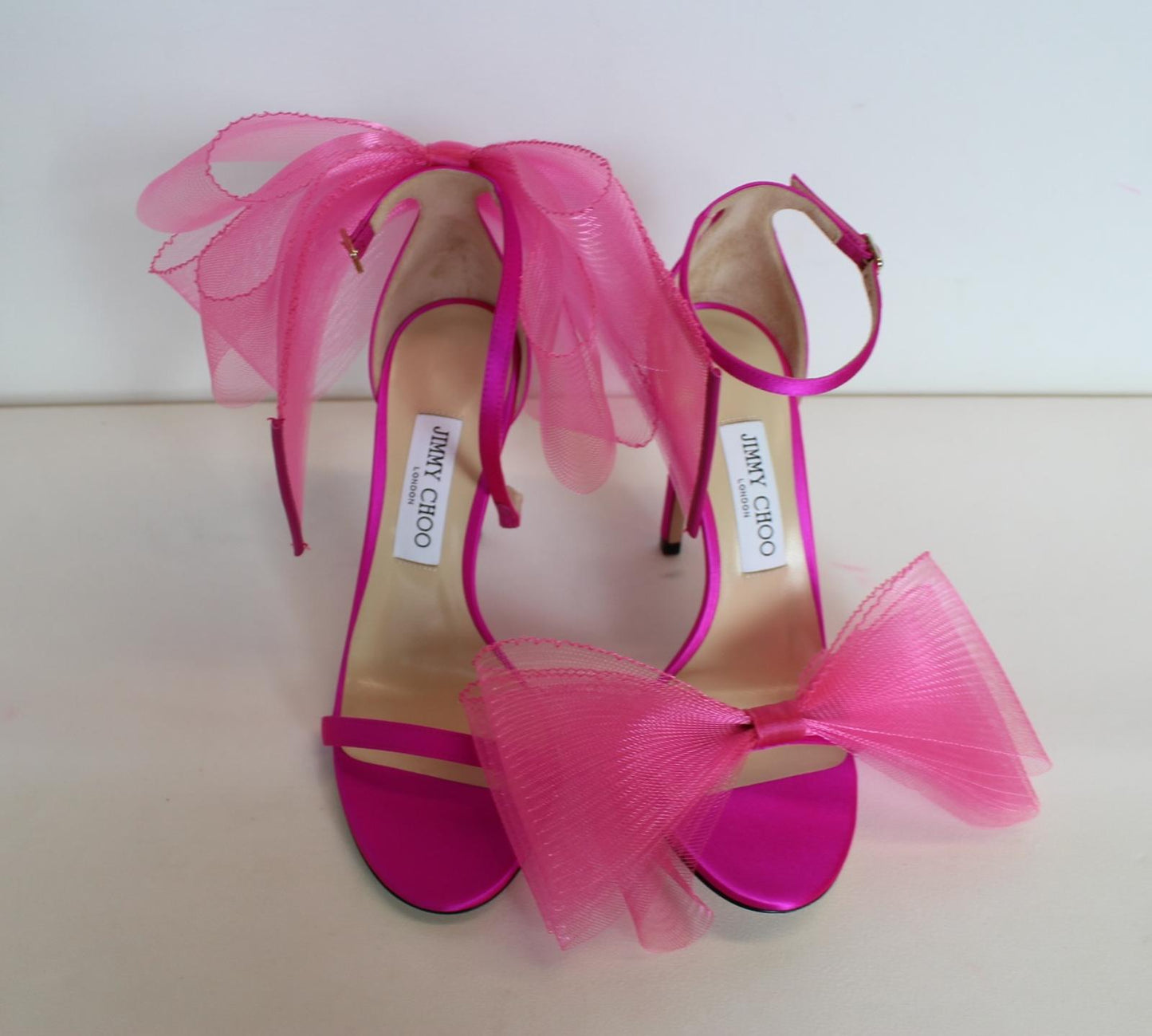 JIMMY CHOO Ladies Aveline 100 Bow Satin Sandals Fuchsia Pink EU39 UK6 NEW