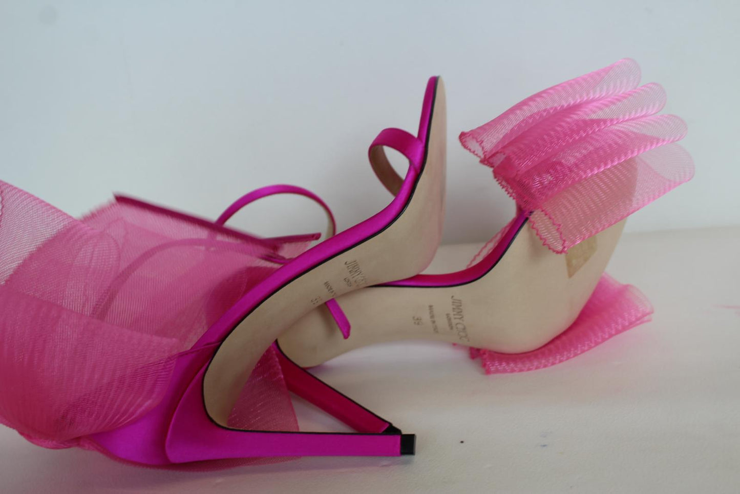JIMMY CHOO Ladies Aveline 100 Bow Satin Sandals Fuchsia Pink EU39 UK6 NEW