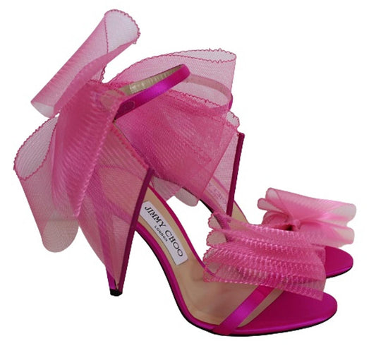 JIMMY CHOO Ladies Aveline 100 Bow Satin Sandals Fuchsia Pink EU37.5 UK4.5 NEW