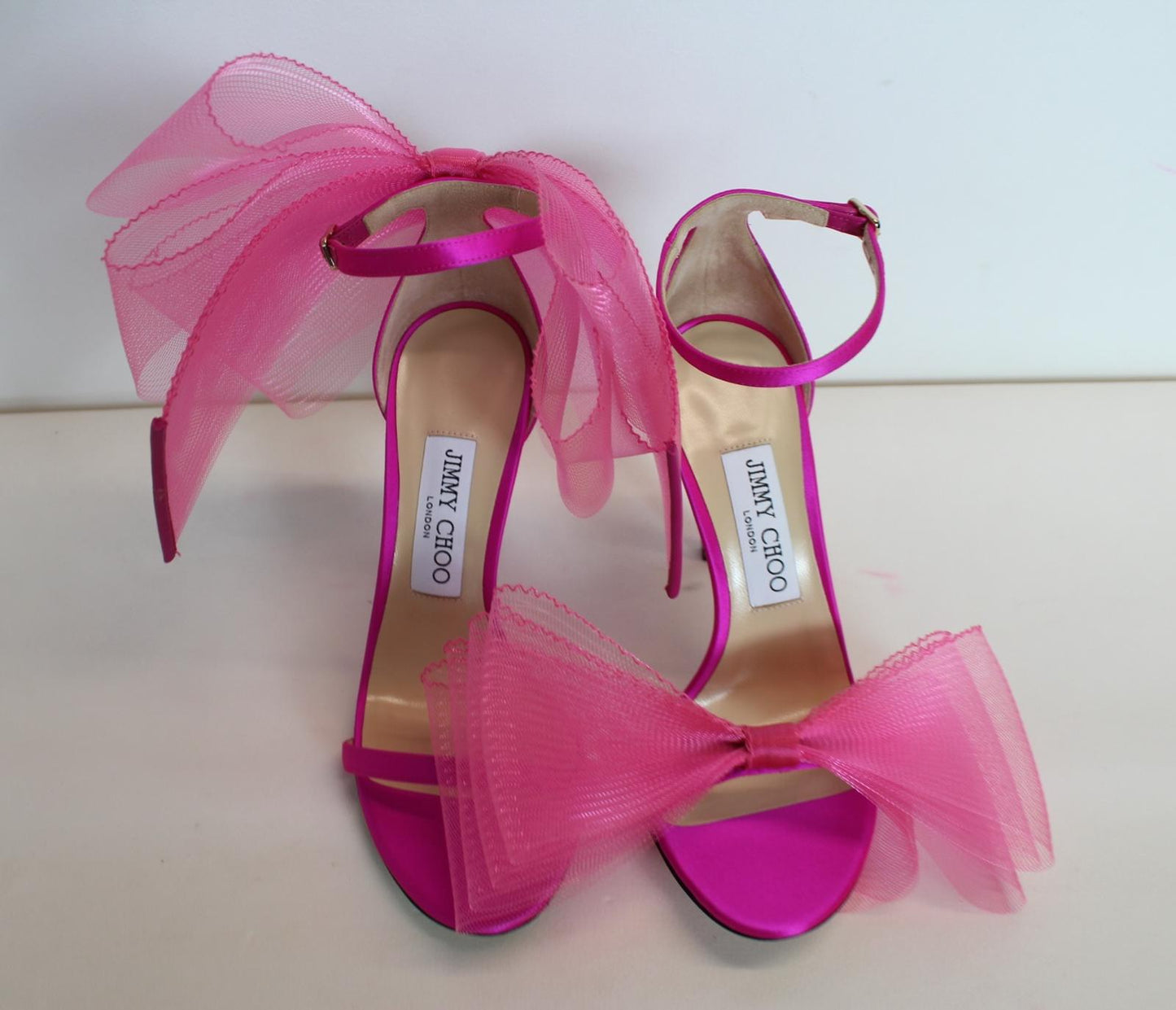 JIMMY CHOO Ladies Aveline 100 Bow Satin Sandals Fuchsia Pink EU37.5 UK4.5 NEW