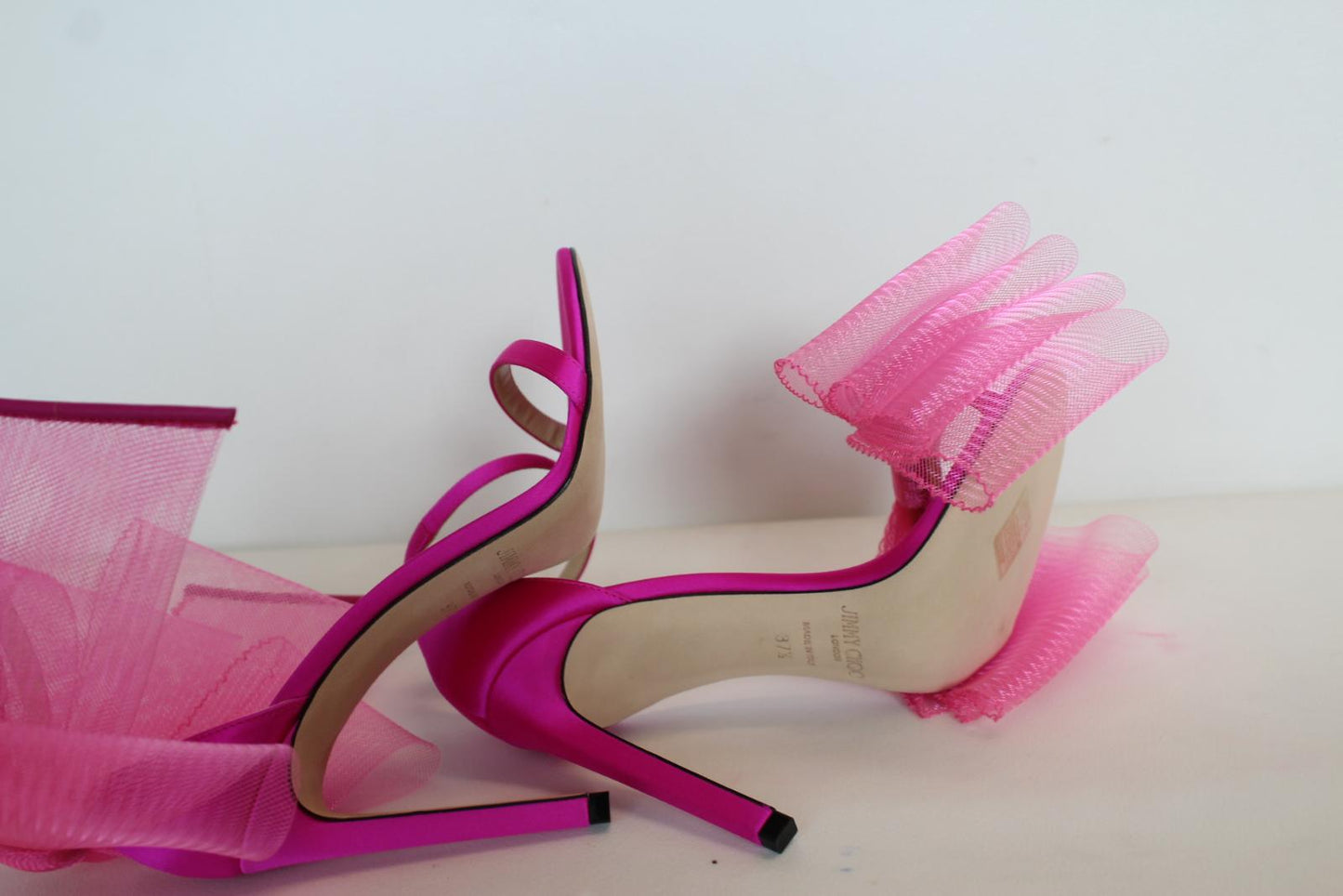 JIMMY CHOO Ladies Aveline 100 Bow Satin Sandals Fuchsia Pink EU37.5 UK4.5 NEW