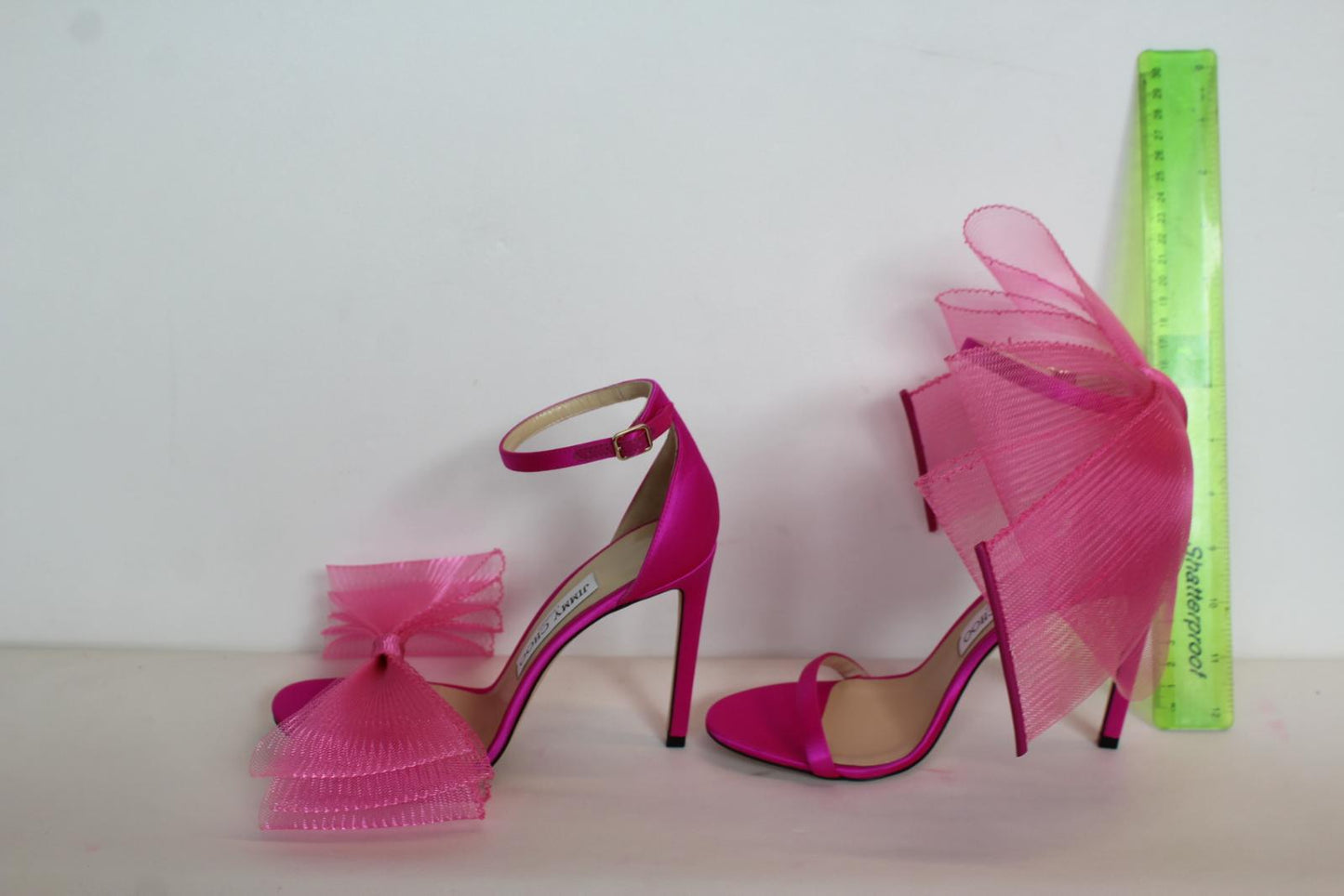 JIMMY CHOO Ladies Aveline 100 Bow Satin Sandals Fuchsia Pink EU37.5 UK4.5 NEW