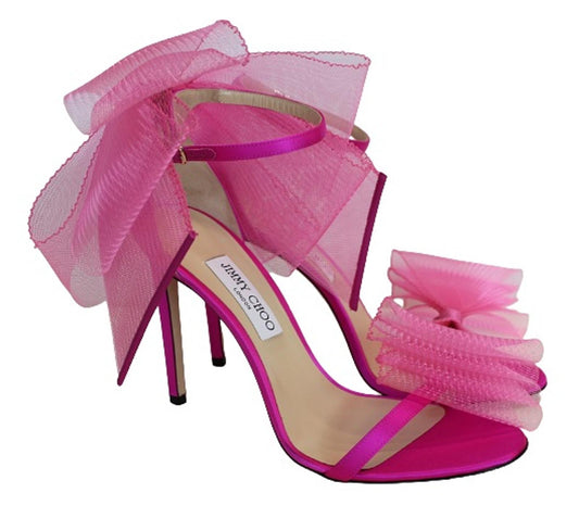 JIMMY CHOO Ladies Aveline 100 Bow Satin Sandals Fuchsia Pink EU42 UK9 NEW
