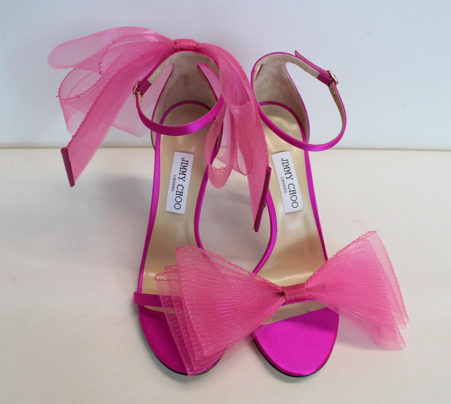 JIMMY CHOO Ladies Aveline 100 Bow Satin Sandals Fuchsia Pink EU42 UK9 NEW